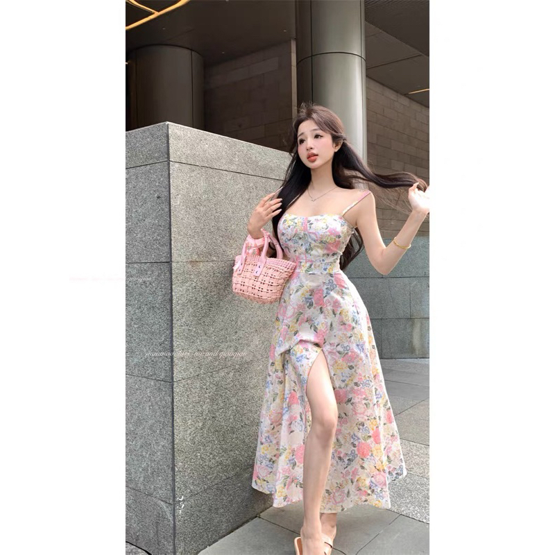 Đầm 2 dây maxi hoa xẻ đùi [ Hàng order ]