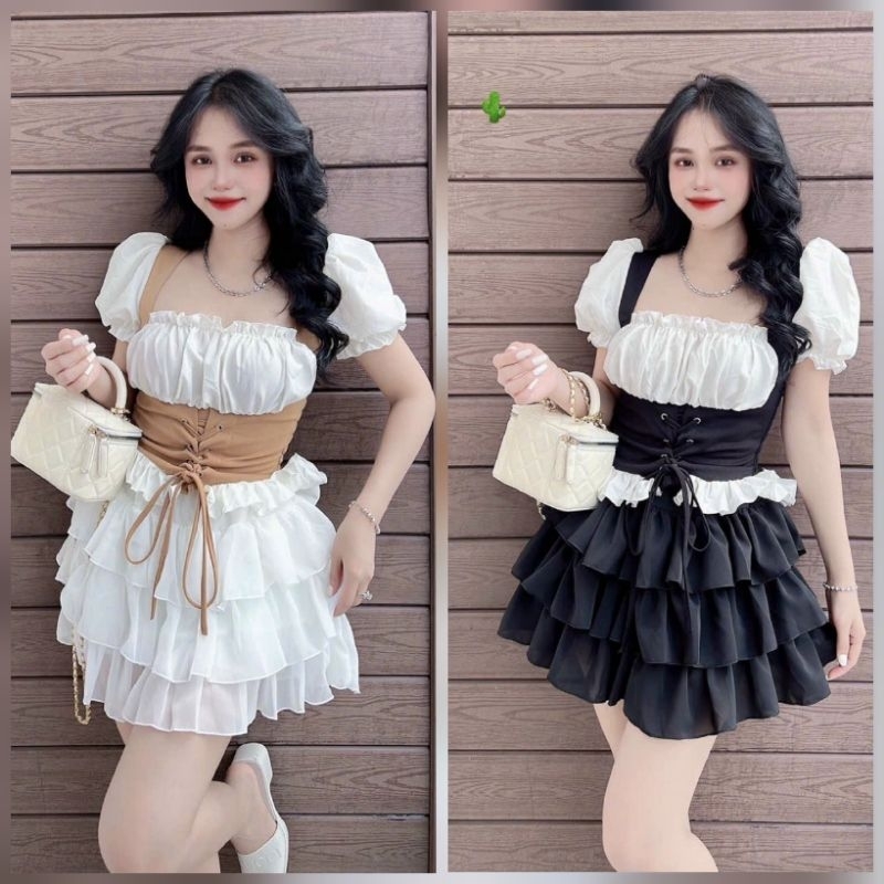 Set Áo Kiểu Kèm Chân Váy Tầng Thời Trang,Set Váy Kèm Áo Nữ