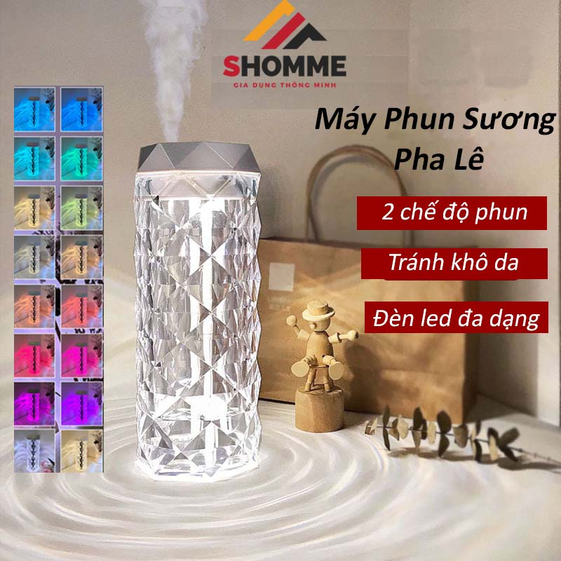 Máy Phun Sương Tạo Ẩm Không Khí Khuếch Tán Tinh Dầu Mini Có Đèn Led Đổi Màu Kiêm Đèn Ngủ Pha Lê Decor Phòng SHomme