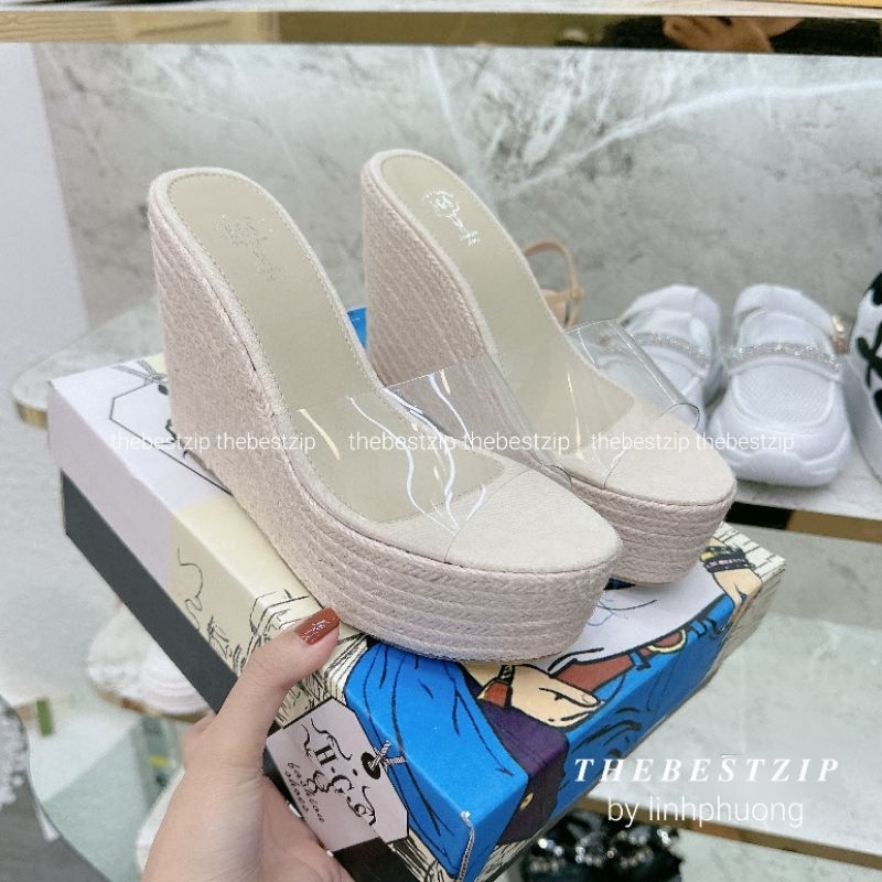 Dép xuồng đế cói quai mica trong cao 11cm nhập nguyên hộp hàng QC cao cấp | Hàng loại 1