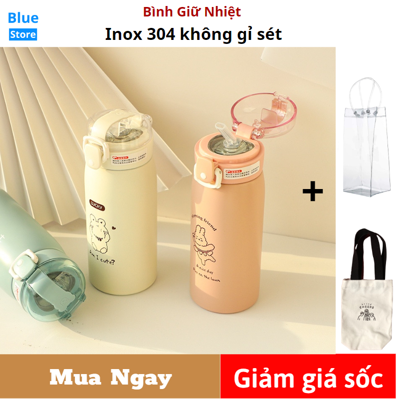 Bình Giữ Nhiệt +Túi cute dễ thương, Bình đựng nước giữ nhiệt inox 500ml có ống hút cho bé đi học - BlueStore