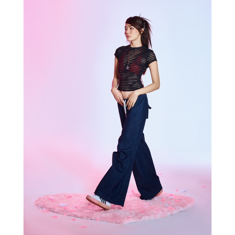 BETTY TOP - Áo thun tay ngắn cổ tròn sọc ngang xuyên thấu