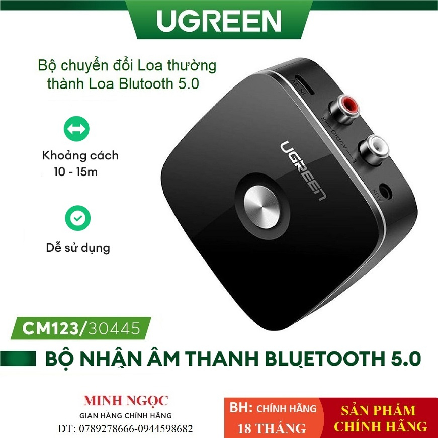 Bộ nhận âm thanh Bluetooth 5.0 cho Loa Amply đầu ra 3.5mm + 2 đầu RCA chính hãng Ugreen 30445