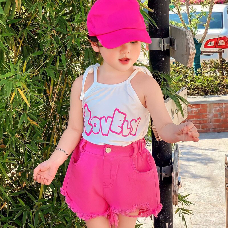 Sét bộ cho bé gái, áo 2 dây cotton mix quần kaki rách hồng