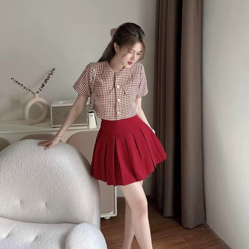 sét áo cổ tròn caro phối chán váy ngắn xếp ly áo chất bố thời trang trẻ trung năng động