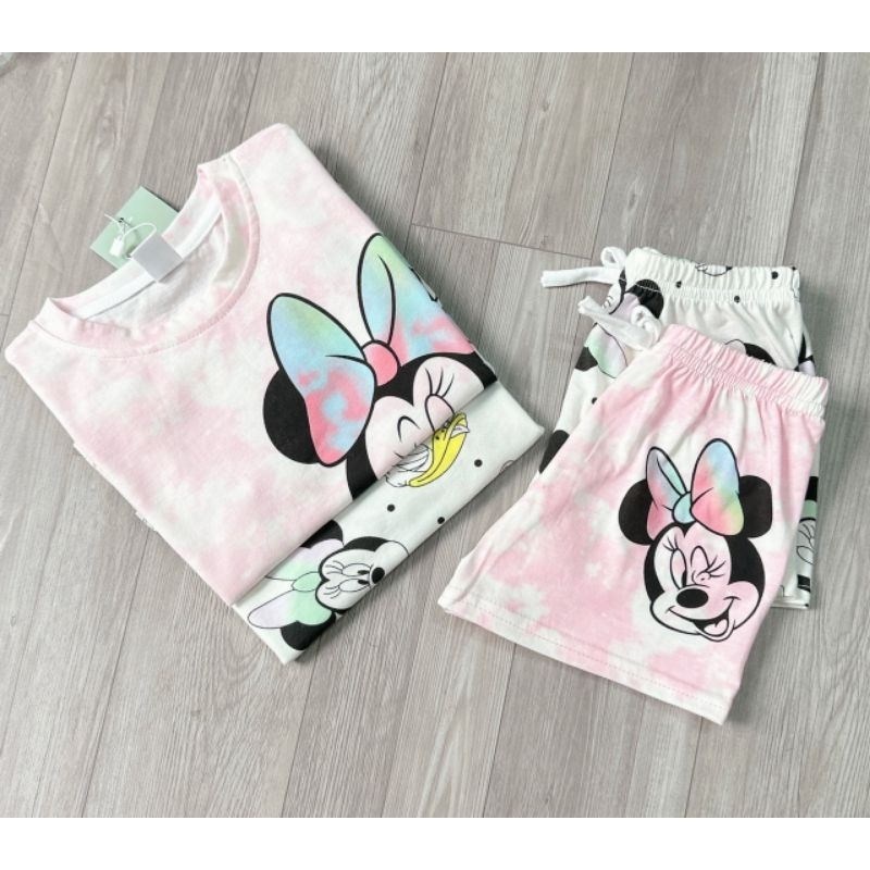 Sét 2 bộ micky hồng loang và trắng áo cộc quần đùi chất cotton cho bé gái