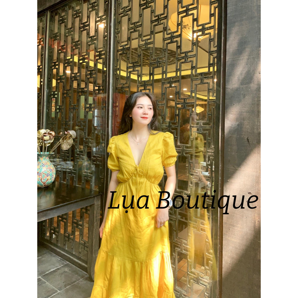 Đầm vàng mơ cổ tim có tay phồng form dáng xoè đuôi cá sang trọng dễ mặc tôn dáng bầu bì bon chen đều được linen tưng