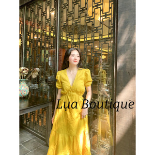Đầm vàng mơ cổ tim có tay phồng form dáng xoè đuôi cá sang trọng dễ mặc tôn dáng bầu bì bon chen đều được linen tưng