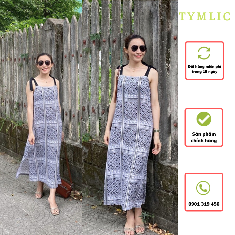 Đầm Suông Midi 2 Dây Họa Tiết Vân Ô Đen Trắng TYMLIC