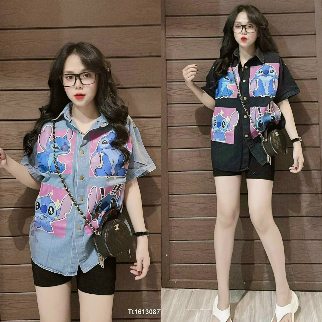 Set bộ áo jean form rộng cổ sơ mi họa tiết in hình cute mix quần thun gân ôm body siêu tôn dáng cho các chị em đi chơi