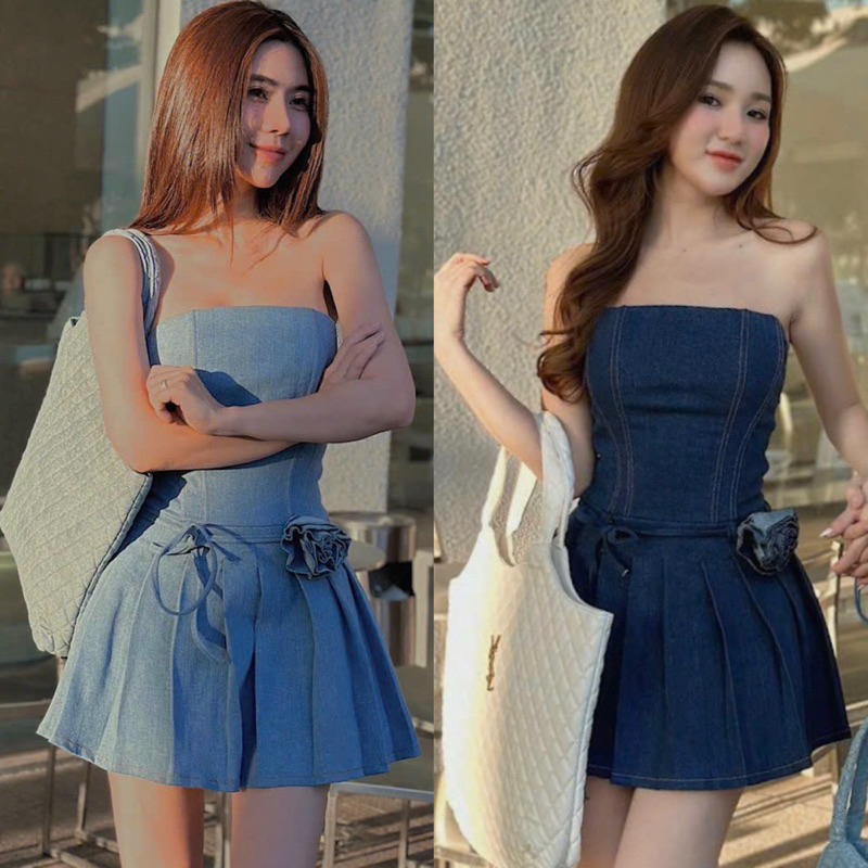 Đầm Ống Cúp Jeans Mềm Cao Cấp Kèm Dây Hoa