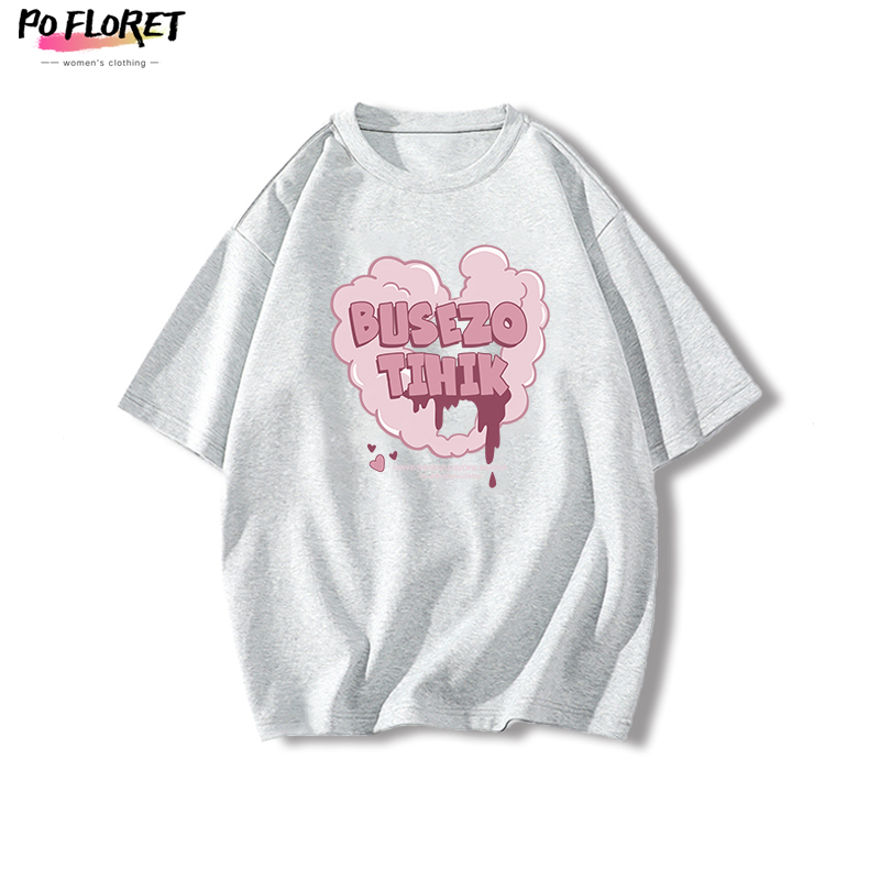 PO FLORET Áo thun unisex rộng Bọt hình trái tim in Oversize áo phông nữ 100%Cotton