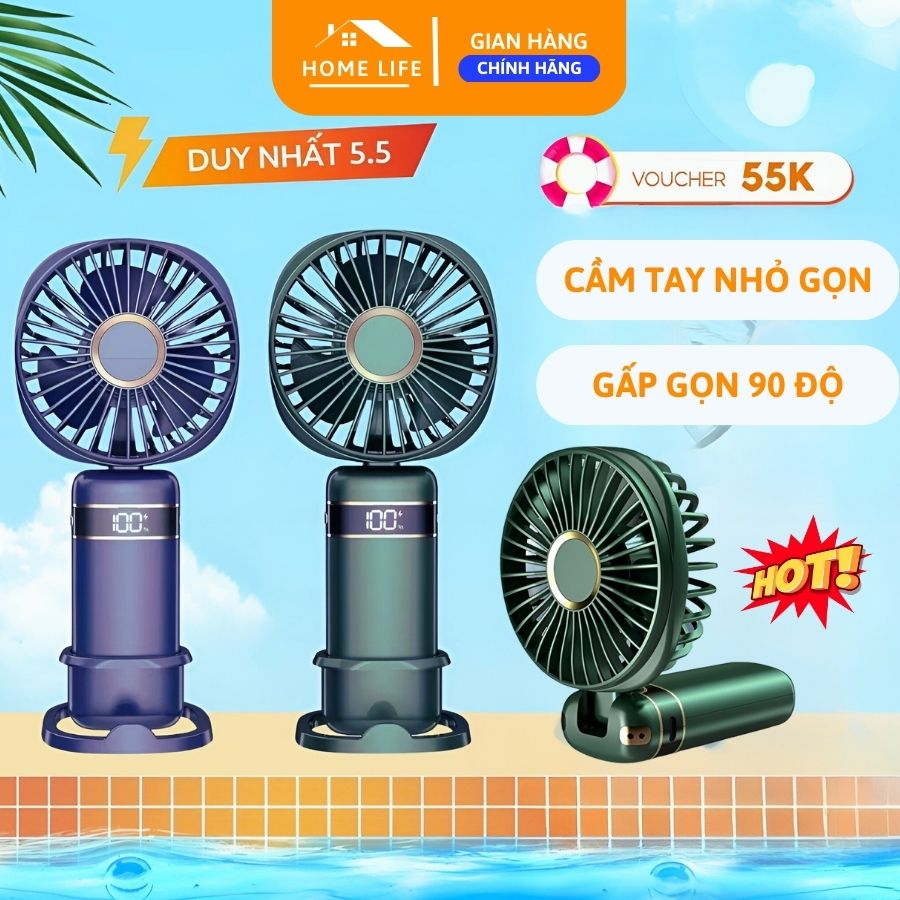 Quạt mini cầm tay tích điện gấp gọn 5 tốc độ gió xoay linh hoạt 90 độ có dây đeo cổ pin lớn 10.000mAh QMN11