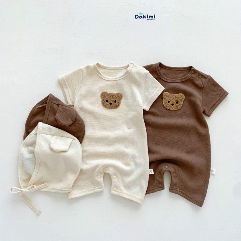 Bộ body DAKIMI cho bé trai, bé gái Đính Gấu dễ thương, Bodysuit cho bé chất vải Tăm Lạnh mềm mát mẫu áo liền quần 0-12M