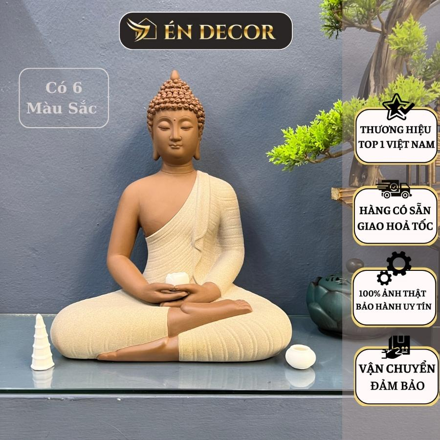 Tượng Phật Thích Ca Màu Xám Nâu ÉN DECOR chất liệu gốm sứ đặt kèm kệ led trang trí phong thuỷ an nhiên
