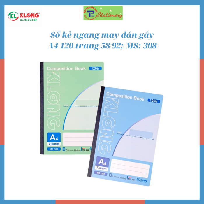 Sổ kẻ ngang may dán gáy Composition book KLONG A4 120 trang đến 500 trang 58/92; MS: 308- 324