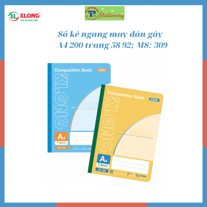 Sổ kẻ ngang may dán gáy Composition book KLONG A4 120 trang đến 500 trang 58/92; MS: 308- 324