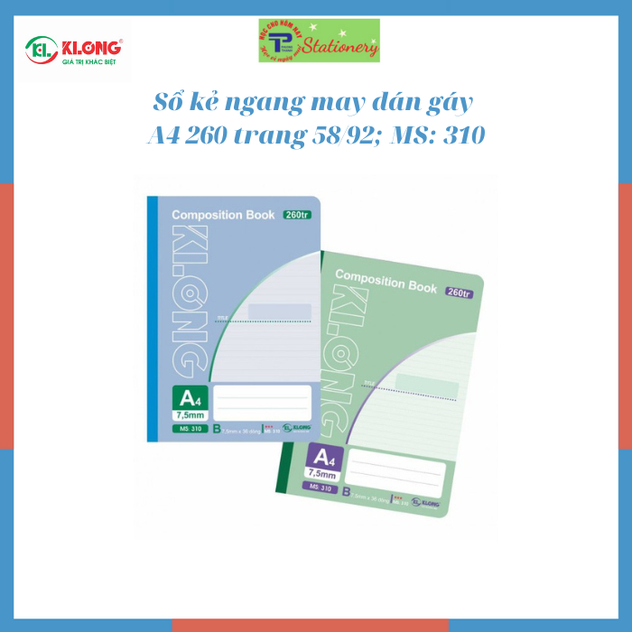 Sổ kẻ ngang may dán gáy Composition book KLONG A4 120 trang đến 500 trang 58/92; MS: 308- 324