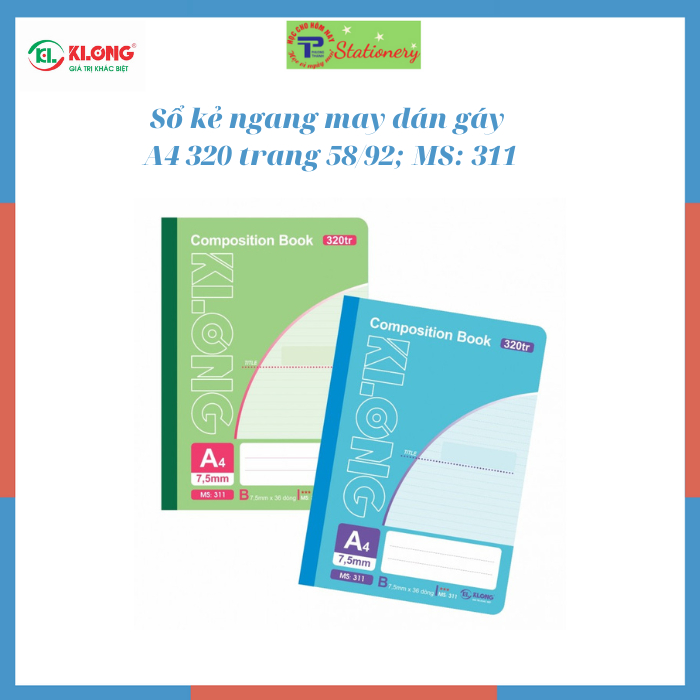 Sổ kẻ ngang may dán gáy Composition book KLONG A4 120 trang đến 500 trang 58/92; MS: 308- 324