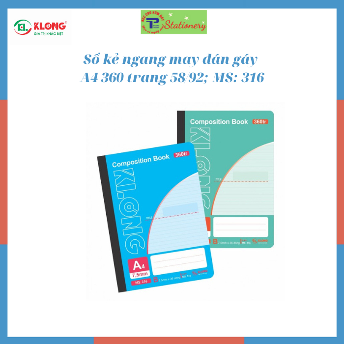 Sổ kẻ ngang may dán gáy Composition book KLONG A4 120 trang đến 500 trang 58/92; MS: 308- 324