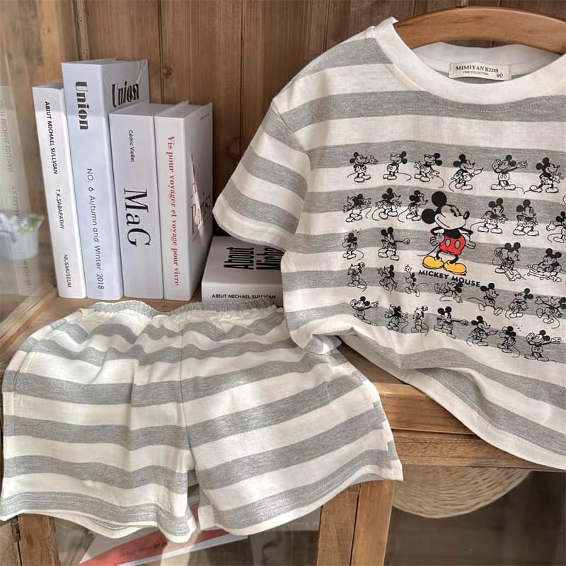 Đồ bộ cộc tay hè bé trai bé gái BAE KIDS 11kg đến 34kg họa tiết micky xám