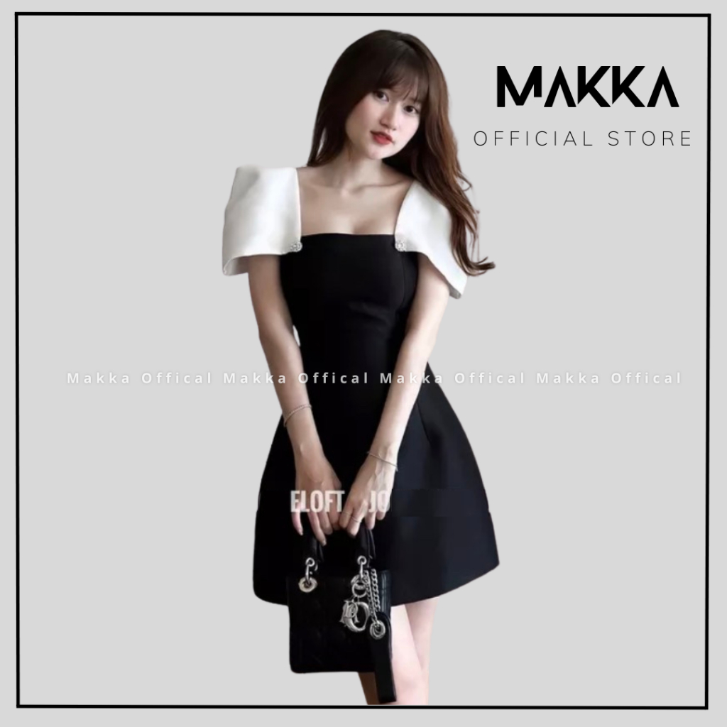 Váy nữ thiết kế MAKKA váy tafta đen cổ vuông phối cúc ngọc tay trắng bồng 598