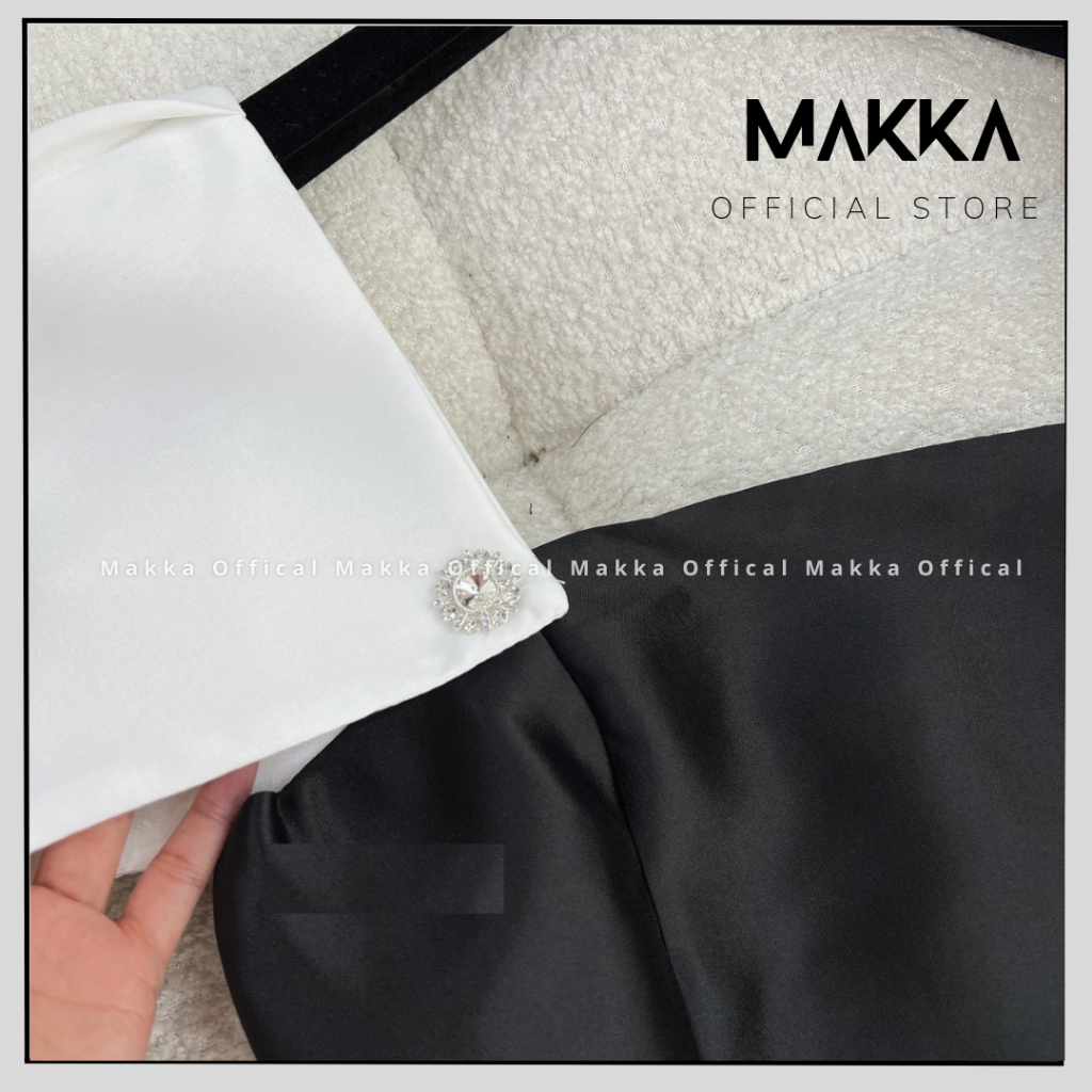 Váy nữ thiết kế MAKKA váy tafta đen cổ vuông phối cúc ngọc tay trắng bồng 598