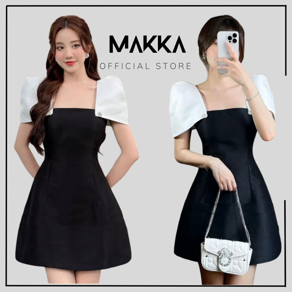 Váy nữ thiết kế MAKKA váy tafta đen cổ vuông phối cúc ngọc tay trắng bồng 598