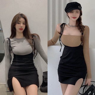 ĐẦM BODY HAI DÂY BUỘC NƠ VAI PHỐI ÁO TAY DÀI ÔM