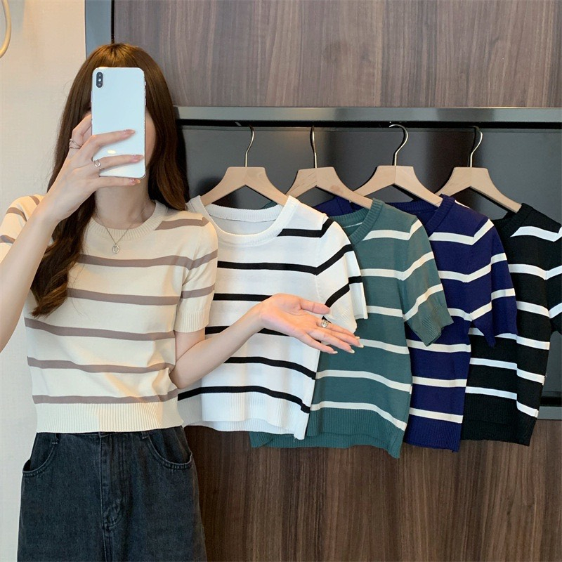 Áo len cổ bo tròn len mongtoghi co dãn tốt dáng croptop họa tiết kẻ to vanmiushop