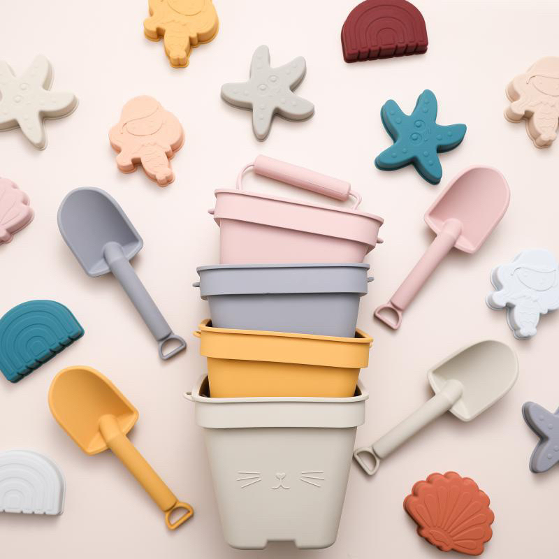 Set xô và khuôn chơi cát đi biển silicon gọn nhẹ dễ dùng màu pastel