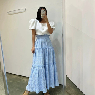 [ogniM Seoul] Chân váy xòe dáng dài xếp tầng họa tiết kẻ caro phong cách Hàn Quốc (Made in Korea)
