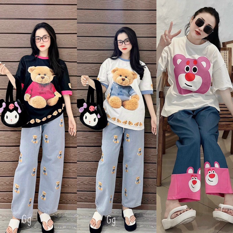 SET ĐỒ BỘ ÁO THUN TAY NGẮN HOẠ TIẾT GẤU PHỐI QUẦN JEANS DÀI HÀNG THIẾT KẾ CAO CẤP