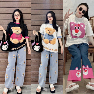 Set đồ bộ áo thun tay ngắn hoạ tiết gấu phối quần jeans dài hàng thiết kế cao cấp
