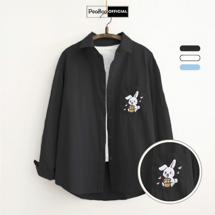 Áo Sơ Mi Nữ, Sơ Mi Nam Nữ Dài Tay Unisex By PEABOO Mã BST09 In Hình Chất Đũi Xước Có Túi Ngực Form Rộng Phong Cách Hàn