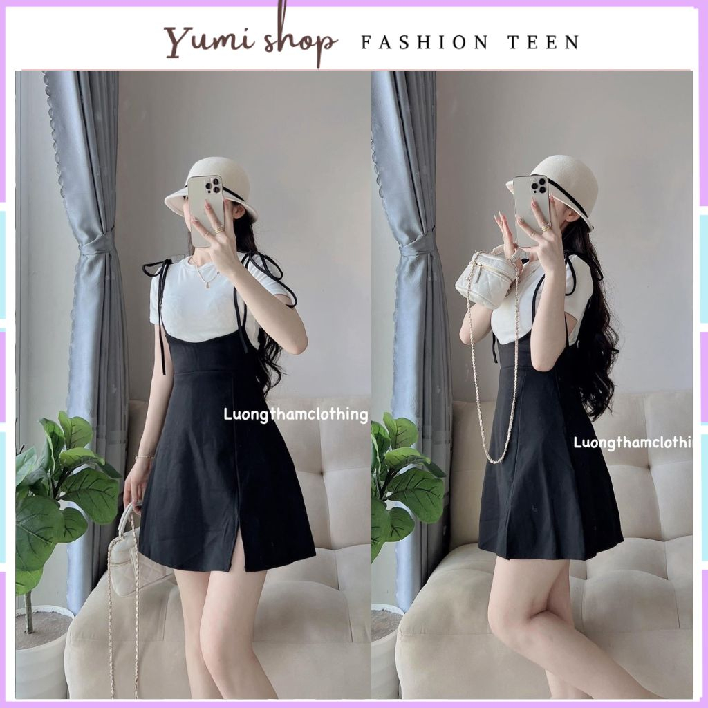 Sét váy yếm 2 dây kèm áo thun trắng ngắn tay , tiểu thư Hàn quốc , mặc đi chơi, đi học đều ok.