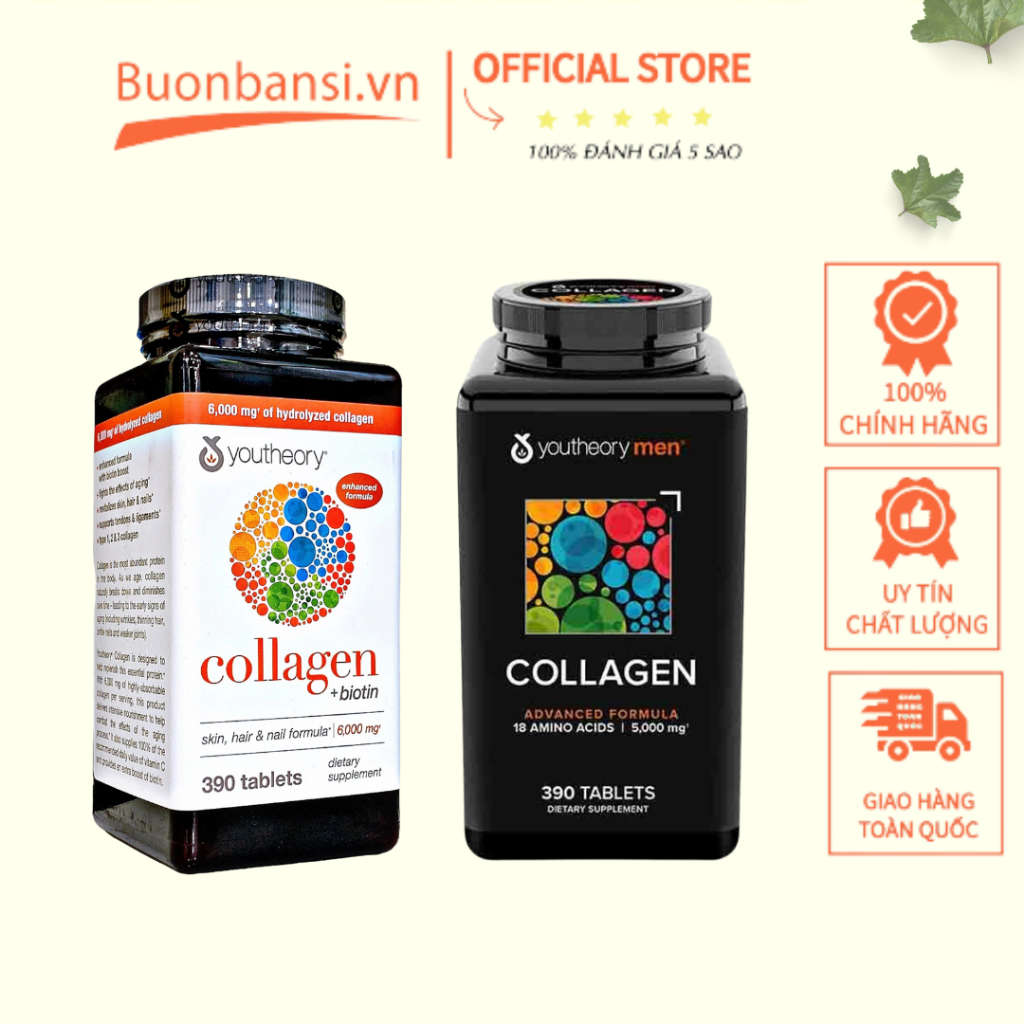 Viên Uống Collagen Youtheory 390 Viên Mỹ - 2 Loại Collagen Biotin Và Collagen Cho Nam