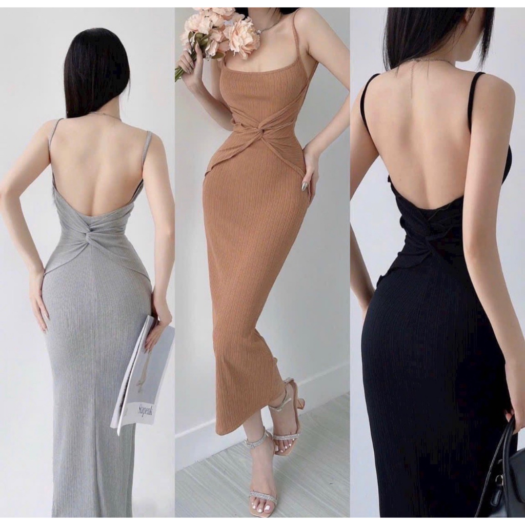 Đầm Thun Body Xoắn Eo Hai Dây Hở Lưng Sexy Chất Thun Gân Co Giãn Thoái Mái