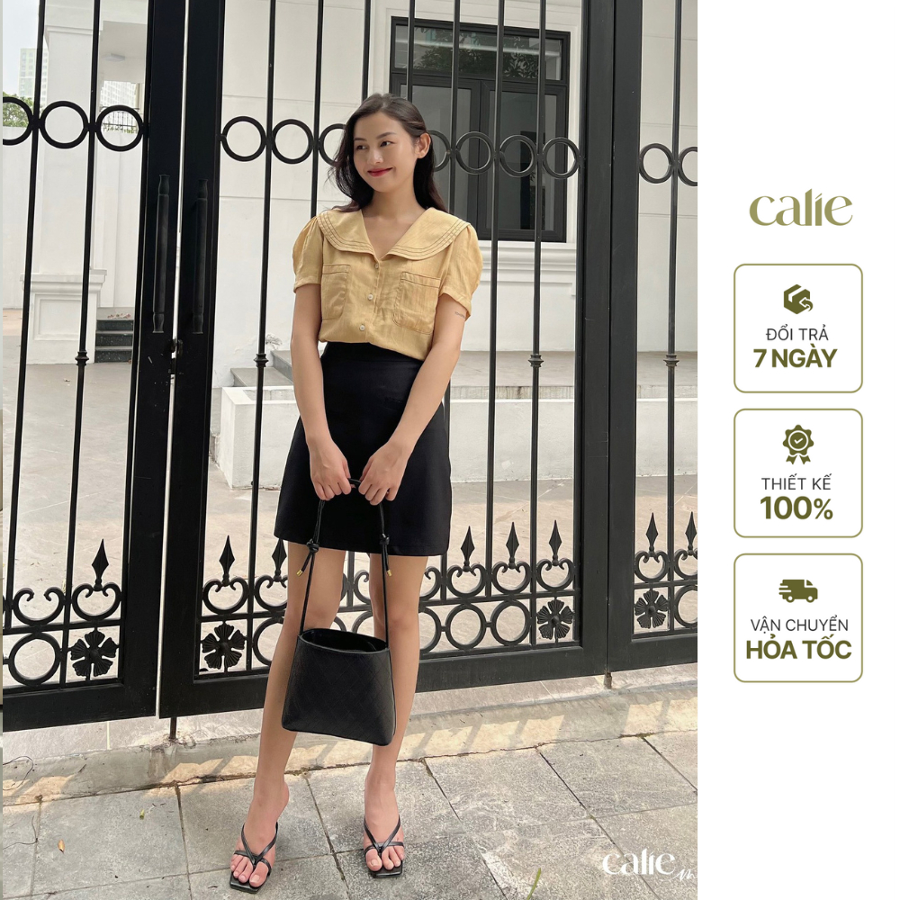 Áo sơ mi nữ cổ cách điệu thêu đột tay ngắn Calie AC228