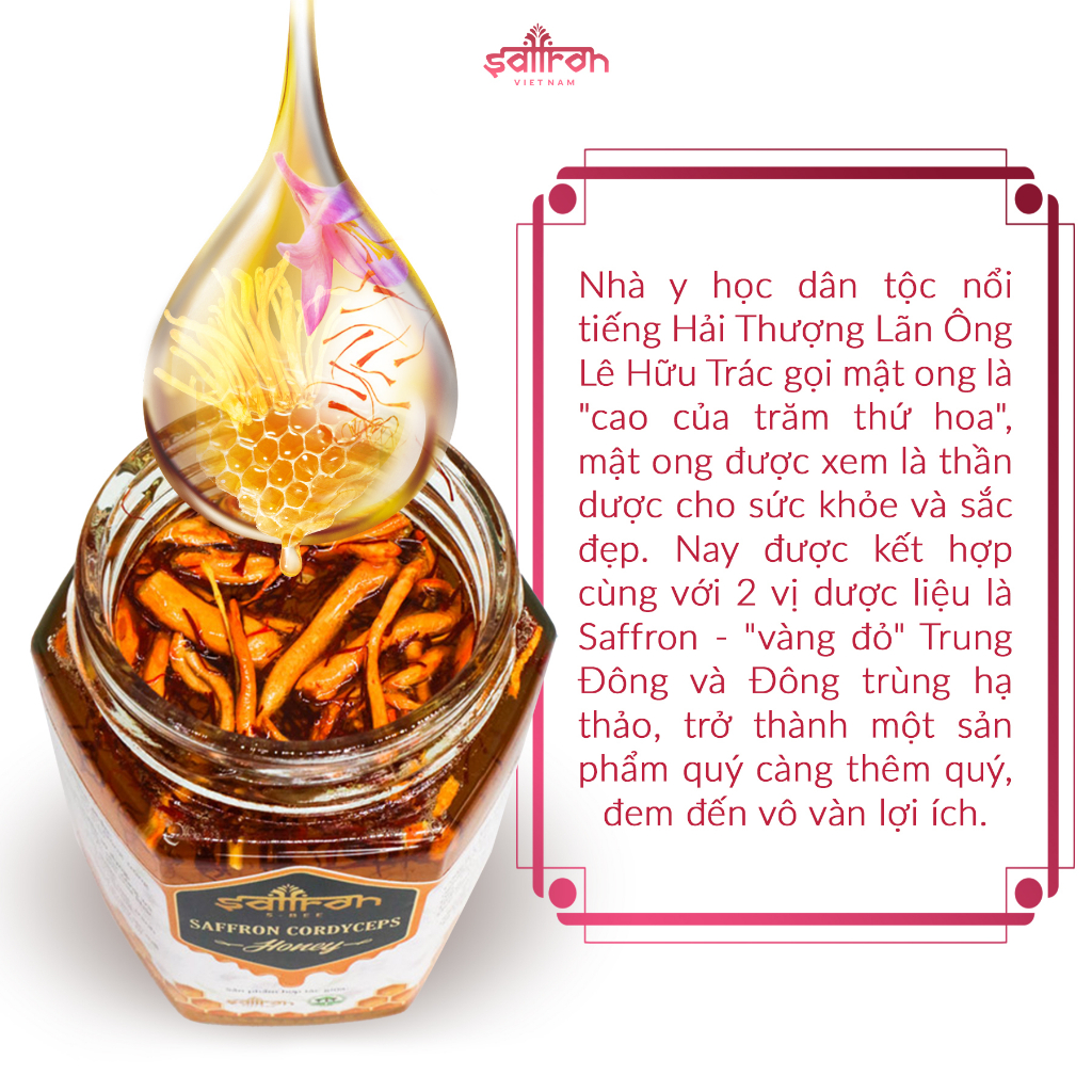 Mật ong saffron ngâm đông trùng hạ thảo thương hiệu Saffron Việt Nam hũ 180ml