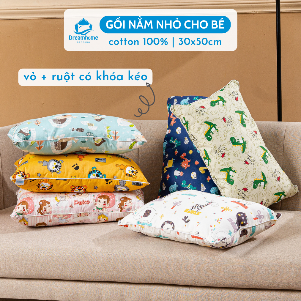 Gối trẻ em 30x50 DREAMHOME, vỏ gối cho bé cotton 100% thấm hút mồ hôi tốt, khóa kéo chỉnh độ cao gối, nằm được 2 mặt