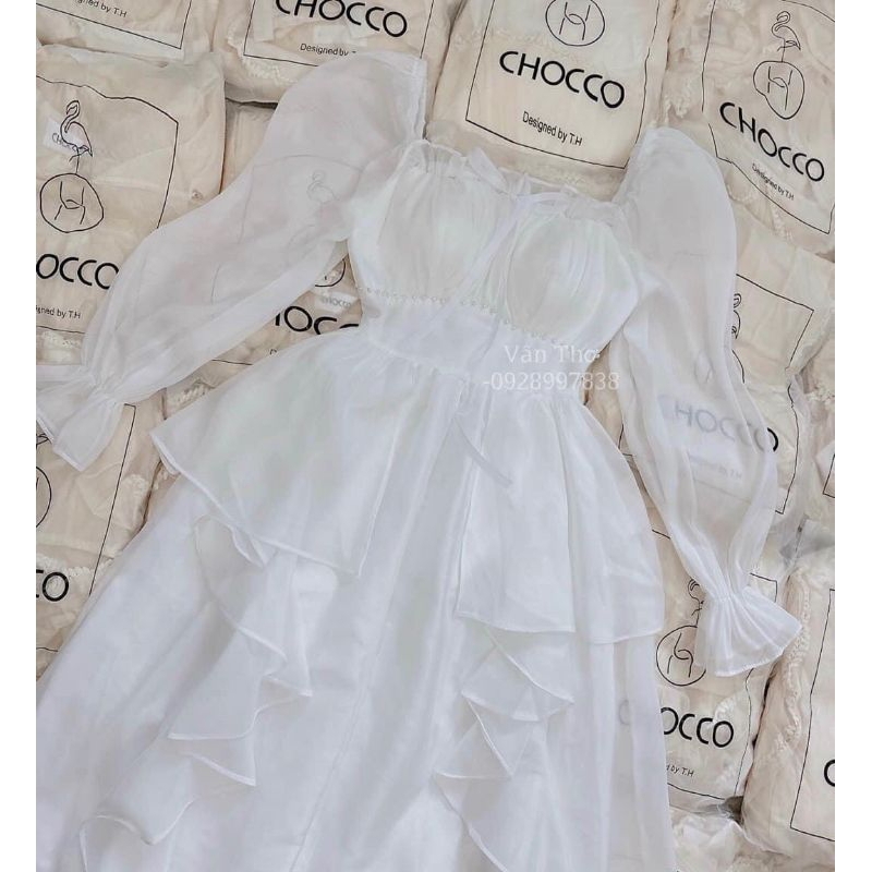 Đầm đi tiệc trắng tiểu thư chất voan tơ óng