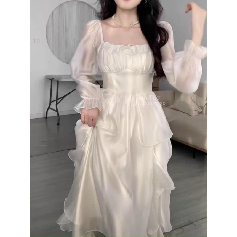 Đầm đi tiệc trắng tiểu thư chất voan tơ óng