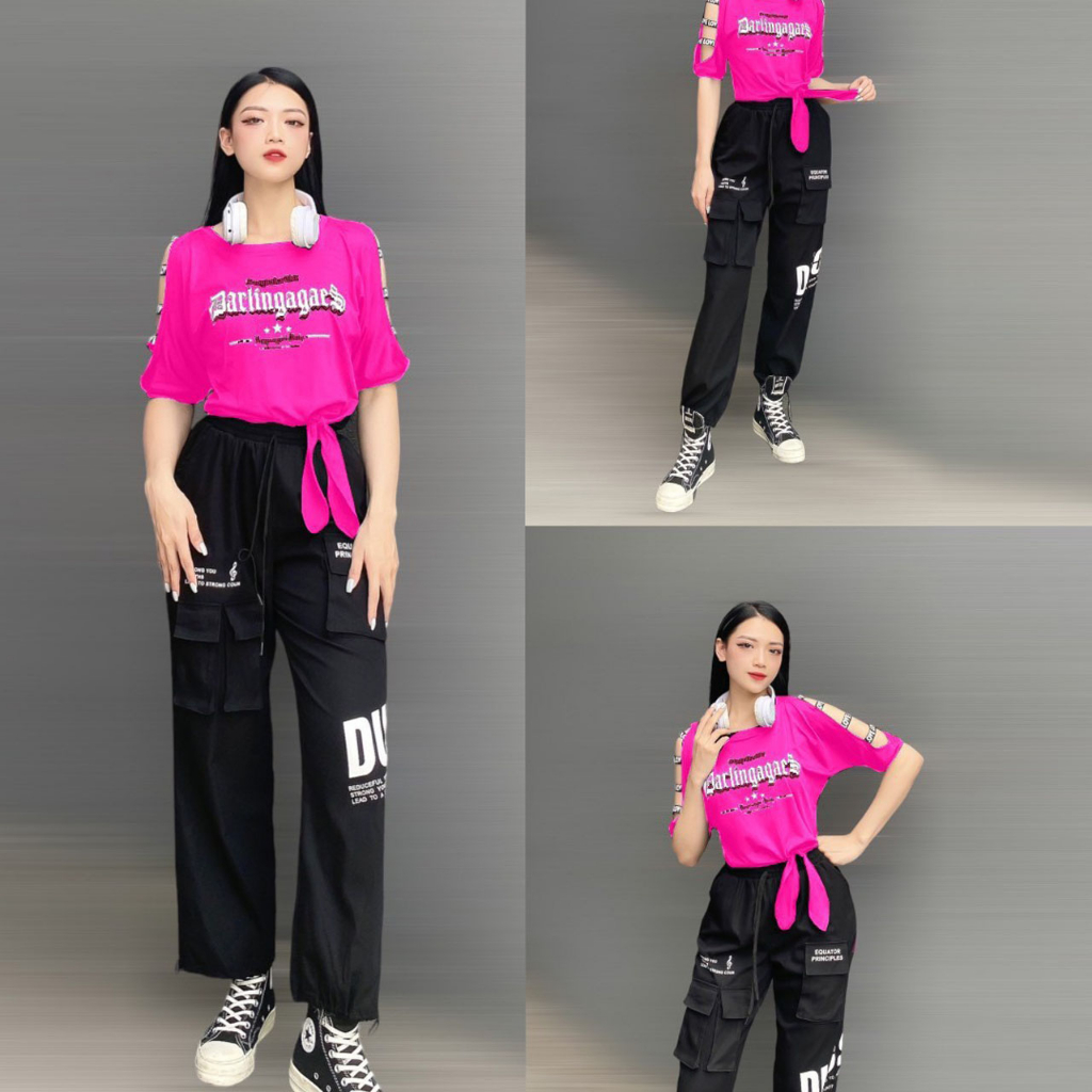 Set đồ tập nữ DR02 gồm quần jogger chất kaki và áo croptop chất thun mềm co giãn, thoải mái khi tập gym, nhảy zumba, aer
