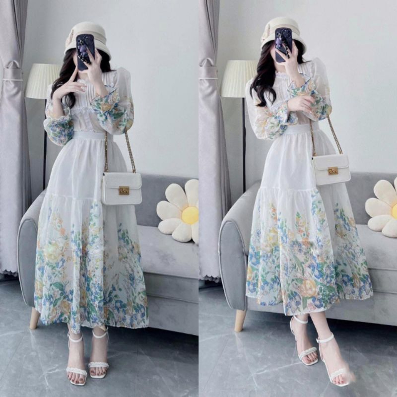 Đầm voan tiểu thư tay dài maxi