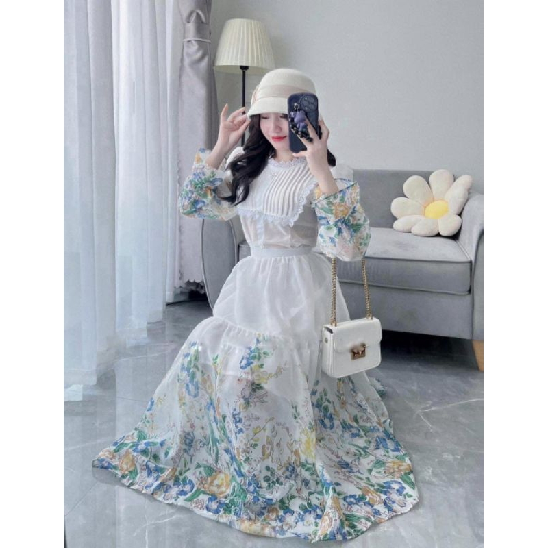 Đầm voan tiểu thư tay dài maxi