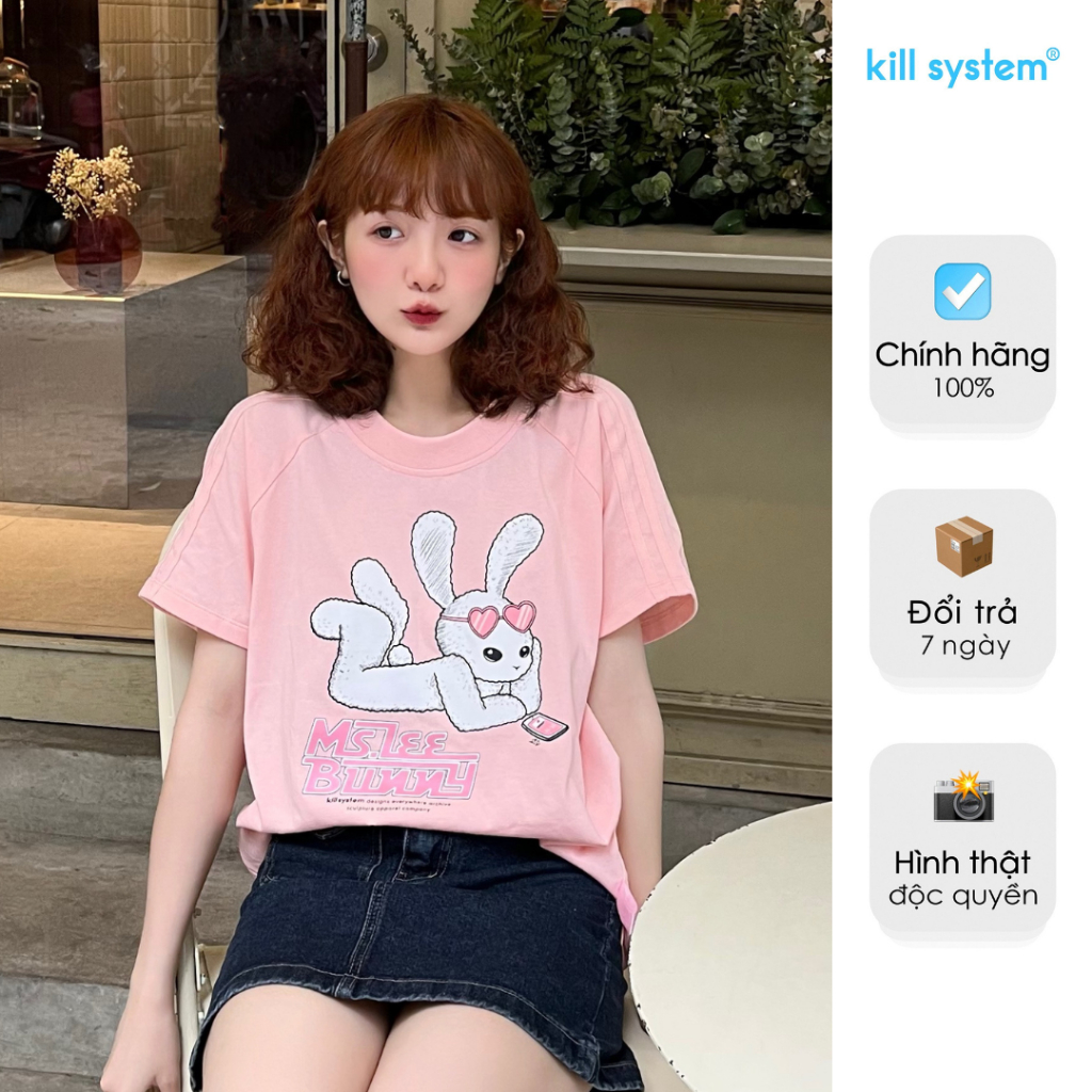 Áo thun form fit Killsystem Ms Lee Bunny màu hồng chất vải cotton