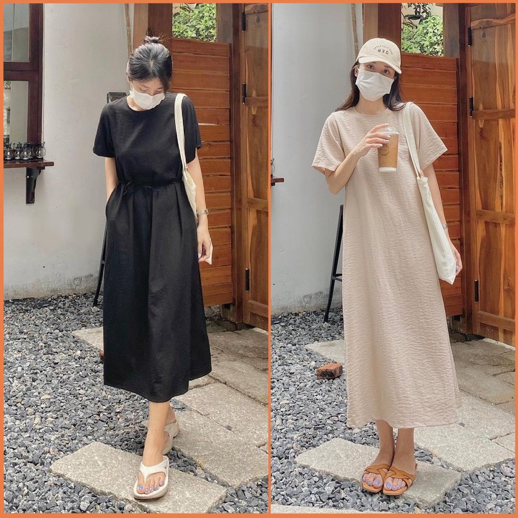 Váy nữ dáng vintage, đầm xuông trơn thắt eo from rộng BOOM.OFFICIAL