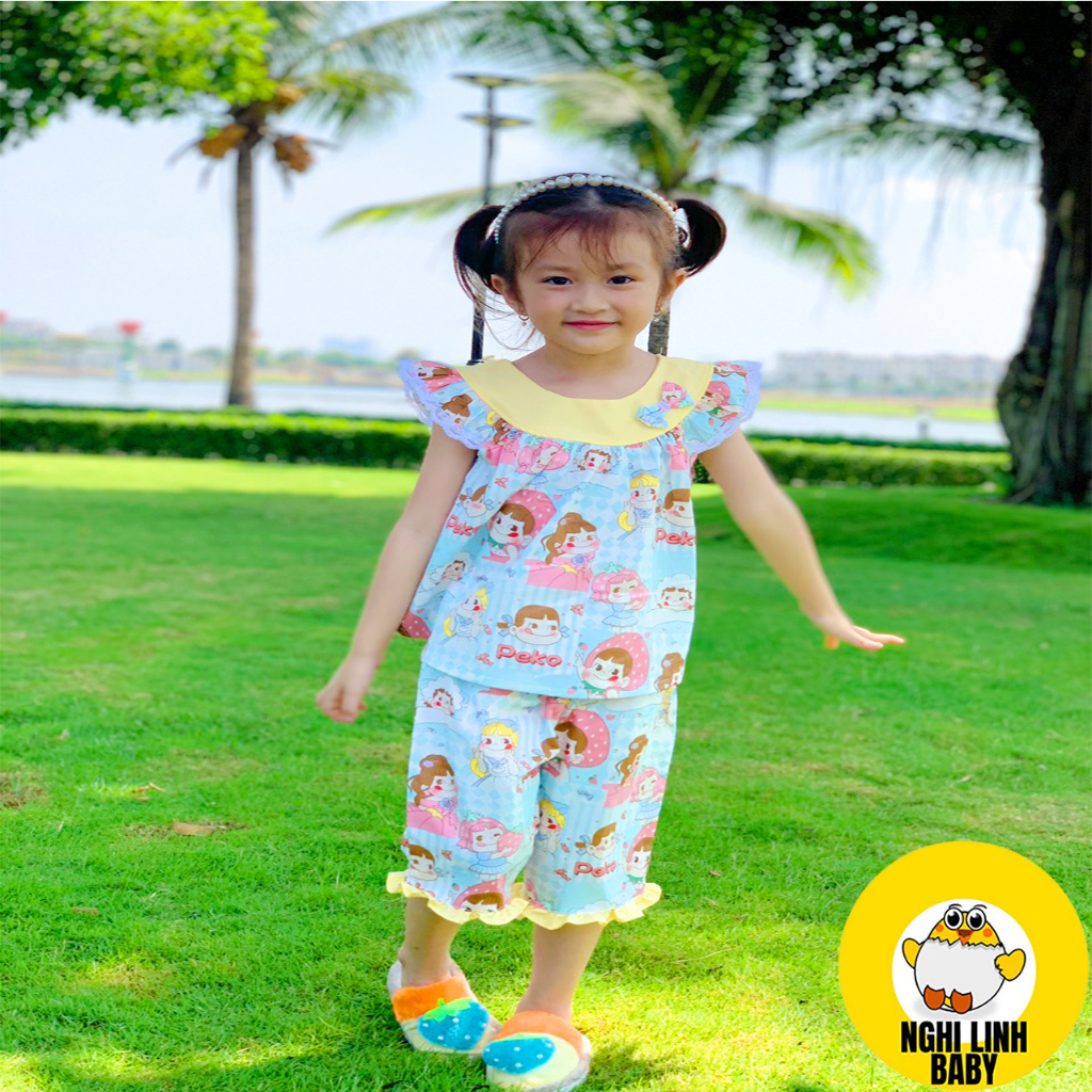 Đồ bộ bé gái kate lụa mẫu tay ngắn quần lửng, bộ quần áo cho bé chất vải xịn, mịn size từ 12-38kg - Nghi Linh Baby
