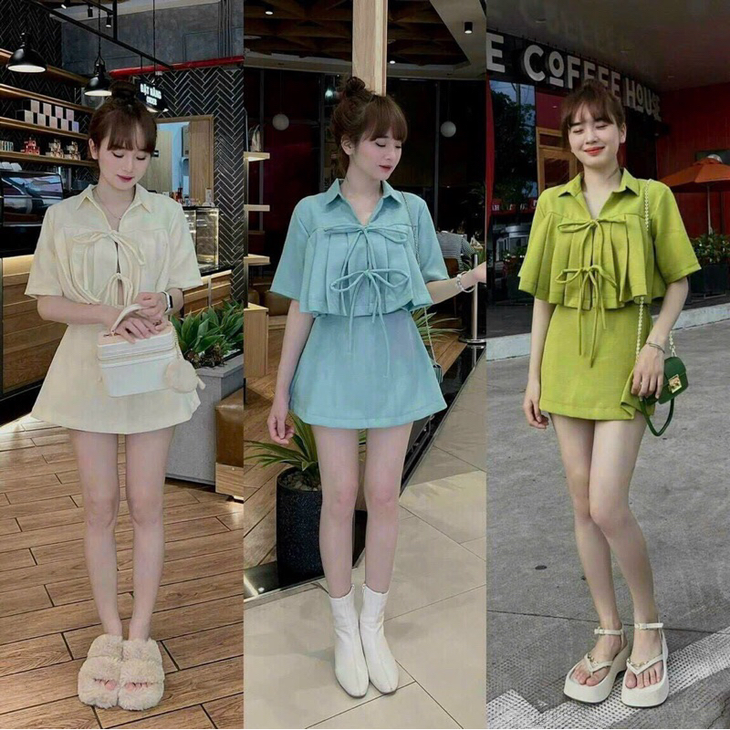 Set  váy phối nơ chất lenin cao cấp  Quảng Châu _ bảng màu đẹp _y hình_Sen boutique